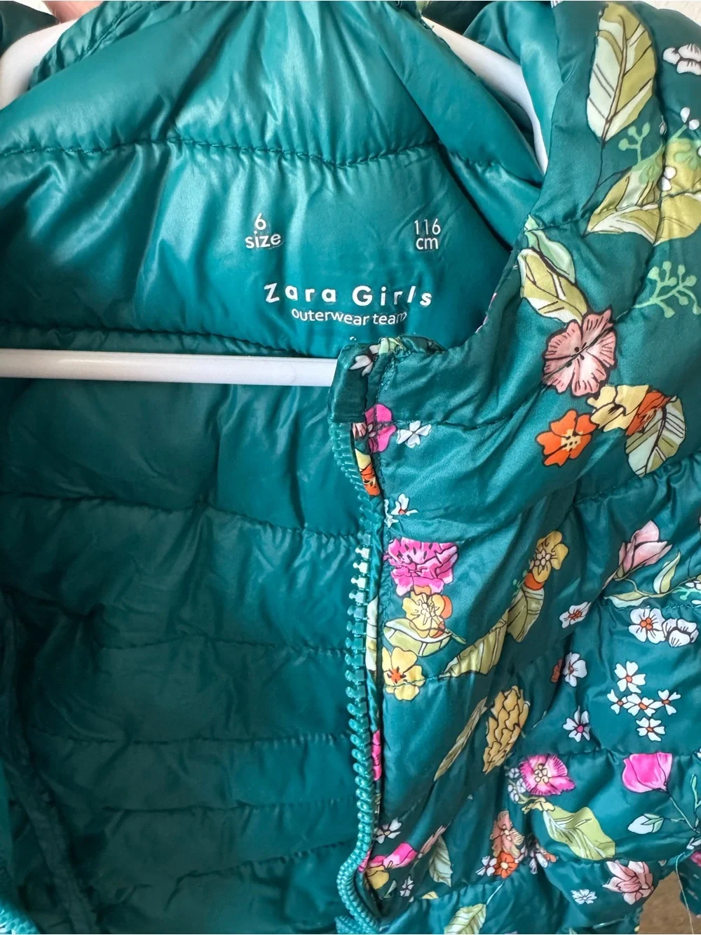 Zara Girls’ Teal Floral Hooded Puffer Coat